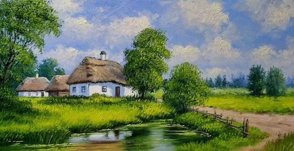 Paisagem Pintura Óleo Sobre Tela Ucrânia Casa Floresta Rio Paisagem — Fotografia de Stock