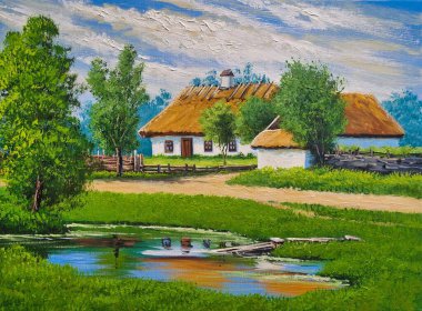 Yağlı boya tabloları, gölet, ev, sanat eserleri, güzel sanatlar. Eski köy, göl kenarındaki ev.