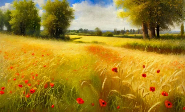 Oil paintings summer landscape, rural landscape, field of poppies in sunset, artwork, fine art