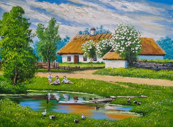 池や家 アートワーク 美術品と石油絵画農村風景 湖の家 — ストック写真