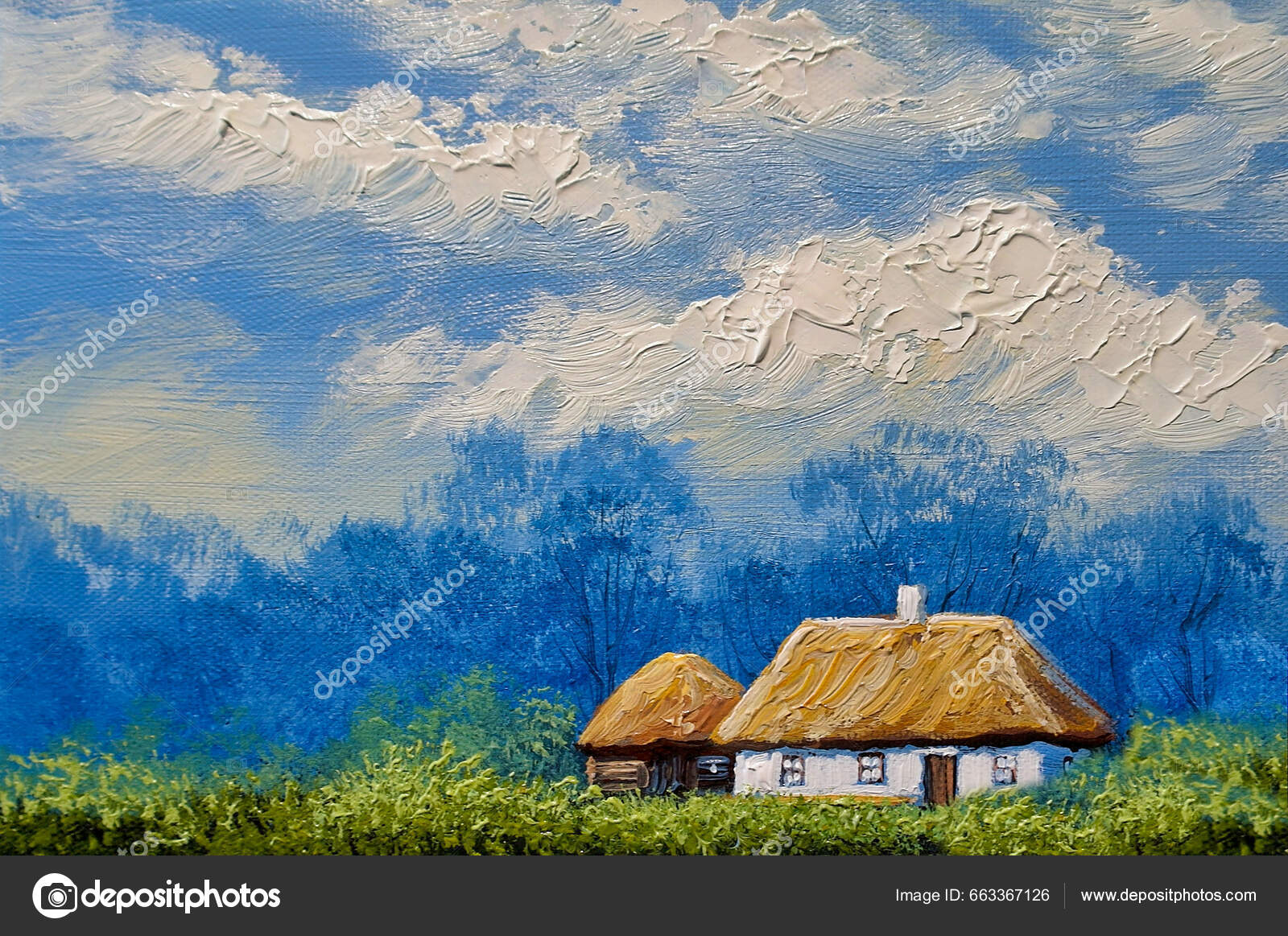 Original oil painting, Old house, Country outlets house, Village, Sky, Landscape, Ukrainian Painting