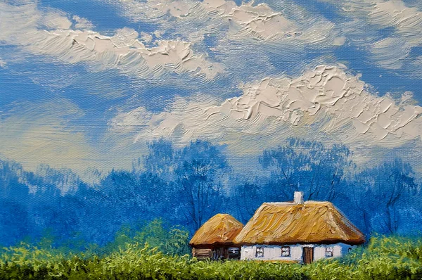 Rural landscape, oil painting on canvas - Ukraine house in the forest, old village in the river