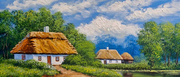 Rural landscape, oil painting on canvas - Ukraine house in the forest, old village in the river