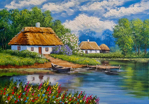 Paesaggio Rurale Pittura Olio Tela Ucraina Casa Nella Foresta Barca — Foto Stock
