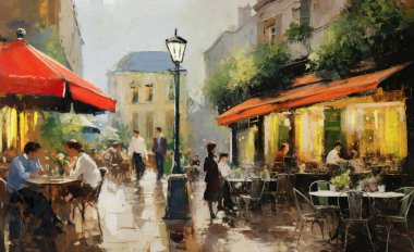 Yağlı boya tabloları, şehirdeki eski sokaklar, kafeli caddeler, vitrinler, çiçekler, masalarda oturan insanlar, şehir hayatı.