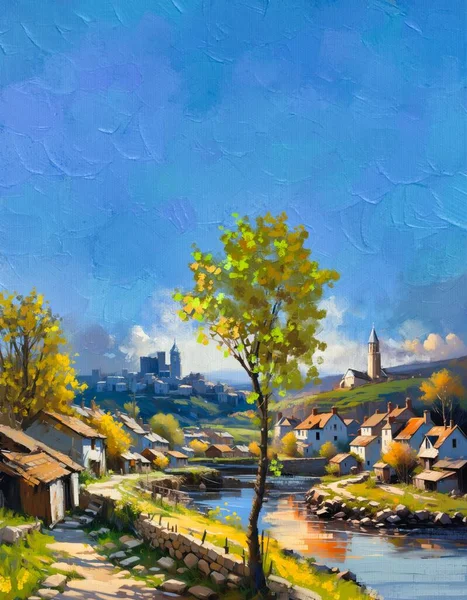 Oil paintings landscape in the city, old city, river in the old city. Fine art, artwork, vertical composition with space for text