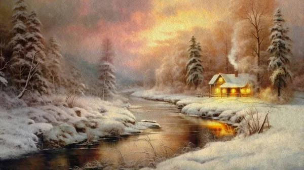 Watercolor paintings rural landscape, river in the forest, winter landscape, fire in windows, old house the forest