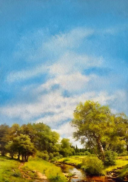 Malarstwo Akwarelowe Letni Krajobraz Krajobraz Wiejski Drzewami Niebem — Zdjęcie stockowe
