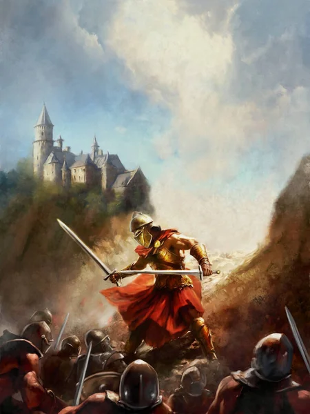 多くの敵と黄金の鎧の騎士のファンタジーの戦い 騎士は山の道 ダイナミックなプロット テキストのためのスペースと垂直組成物 本のカバーで城への道を守ります — ストック写真