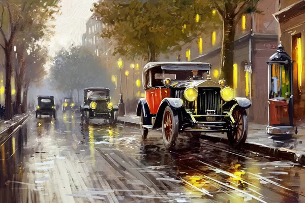 Fantastic illustration of the old city with old cars on the street, evening street with lights in the windows and shop windows. Fine art, artwork, old car in the street