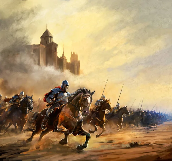 Fantasy Battle Knights Armor Knights Horseback Attack Enemy Castle Background — Stock Photo, Image