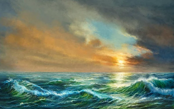 Krásný Západ Slunce Nebo Východ Slunce Moře Vlnami Panorama Výtvarné — Stock fotografie