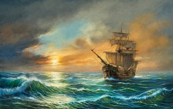 Ein Altes Segelschiff Sonnenuntergang Oder Sonnenaufgang Schöne Farben Und Reichtum — Stockfoto