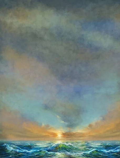 Prachtige Zonsondergang Zonsopgang Zeegezicht Met Golven Panorama Beeldende Kunst Kunstwerken — Stockfoto