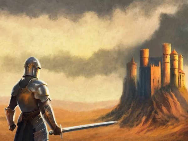Fantasie Illustration Eines Ritters Mit Einem Schwert Auf Dem Hintergrund — Stockfoto