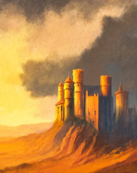 油絵の風景 古い城の遺跡 山の中で日没 — ストック写真
