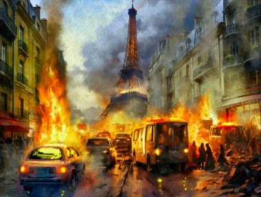 Şehirde ayaklanmalar, gösteriler ve barikatlar, sokaklarda savaş, arabalar yanıyor, halkın ayaklanması. Kasabanın gece manzarası. Suluboya resimler manzara
