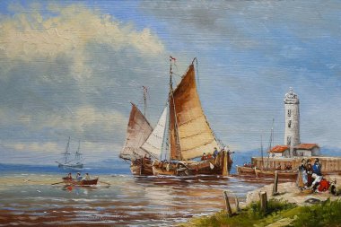 Yağ tabloları deniz manzarası, limanda tekne, limanda eski bir gemi, balıkçı, sanat eseri, güzel sanatlar.