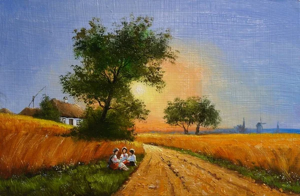 Oil paintings rural landscape, old village,  landscape in the village. Fine art, sunset on a field