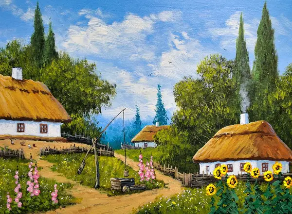 Живопись Маслом Сельский Пейзаж Старая Деревня Изобразительное Искусство — стоковое фото