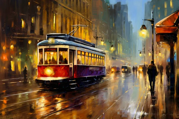 Tram in old city, oil paintings landscape