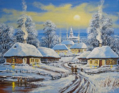 Yağlı boya. Köyde kış, manzara, doğa. Güzel sanatlar, sanat eserleri, şaheser, kardaki ev.