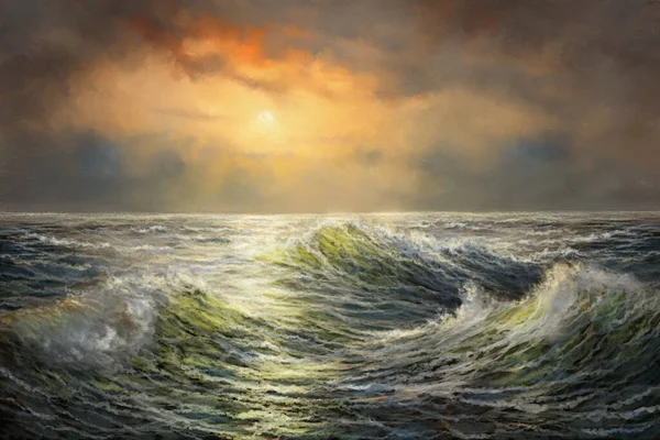 Sunset Ocean Oil Paintings Sea Landscape Sailing Old Ship Sea — Stock Photo, Image