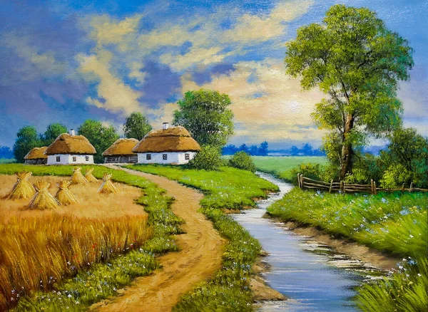 stock image Oil paintings rural landscape with the river. Oil paint, artwork, fine art