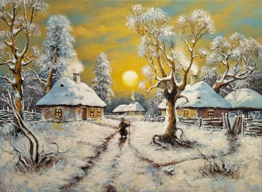 Petrol resimleri, kırsal alan, kış manzarası, eski köy, ağaçlar ve karlı manzara. Güzel sanatlar, sanat eserleri, yağlı boya..
