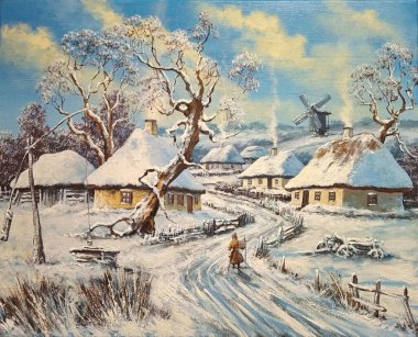 Yağ tabloları kırsal araziler, eski kırlar, eski ormanlarda kış, ormanlarda eski evler. Güzel sanatlar, sanat eserleri