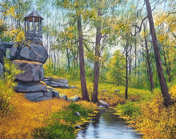 Пейзаж Произведения Искусства Изобразительное Искусство Осень Парке Осенью Стоковое Изображение