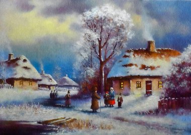 Suluboya resimler, kırsal alan, güzel sanatlar, sanat eserleri, evli kış manzarası.