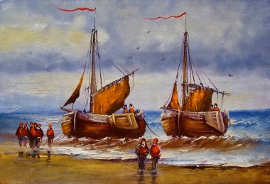 Yağ tabloları deniz manzarası, sahilde balıkçı tekneleri, denizde eski tekneler.