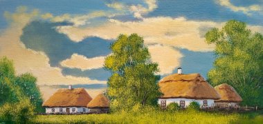 Petrol tabloları, kırsal alan, eski köy, nehir kıyısındaki ev, kırsal kesimdeki eski ev. Güzel sanatlar