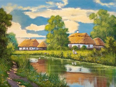 Petrol tabloları, kırsal alan, eski köy, nehir kıyısındaki ev, kırsal kesimdeki eski ev. Güzel sanatlar
