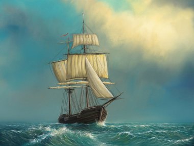 Güzel sanatlar. Eski bir yelkenli gemi okyanus dalgaları üzerinde yol alır, malları teslim eder. Güzel dijital tablo, özgür sanat, denizde yelkenli gemi.