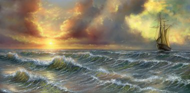 Deniz dalgaları ve yelkenli bir gemiyle güzel panoramik bir manzara, okyanusta eski bir yelkenli yelkenli, denizde gün batımı. Güzel sanatlar, sanat eserleri