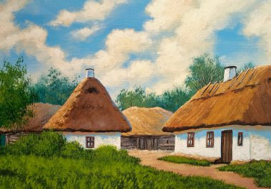 Yağlı boya tabloları. Kırsal kesimde kırsal alan, kırsal kesimde eski bir kulübe. Güzel sanatlar, sanat eserleri