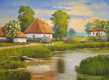 Oil paintings rustic landscape, landscape with windmill, old village in the village of the country. Fine art clipart