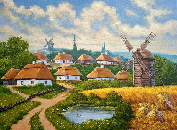 Oil paintings rustic landscape, landscape with windmill, old village in the village of the country. Fine art