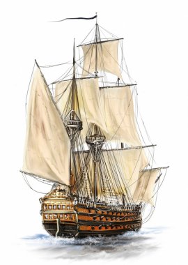 Eski yelkenli askeri firkateyn, yelkenli ve topları beyaz arka planda olan gemi. Deniz manzarası, güzel sanatlar.