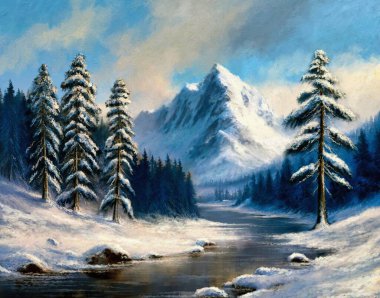 Yağlı boya tabloları kış manzarası karlı, kış manzarası dağlarda.