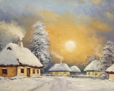 Eski köyde yağlı boya tabloları, karla kaplı ağaçlarla kaplı manzaralar. Güzel sanatlar