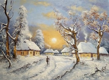 Eski köyde yağlı boya tabloları, karla kaplı ağaçlarla kaplı manzaralar. Güzel sanatlar