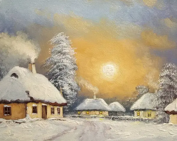 Eski köyde yağlı boya tabloları, karla kaplı ağaçlarla kaplı manzaralar. Güzel sanatlar