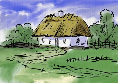 Güzel sanatlar, suluboya resimler, tepedeki eski ev.