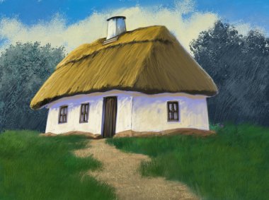 Manzara resmi, güzel sanatlar, eski ahşap evler.