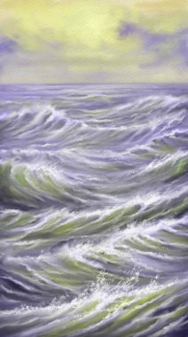 Dikey deniz manzarası, okyanustaki dalgalar, deniz manzarası, mavi ve beyaz çizgili arka plan, suda gün batımı.