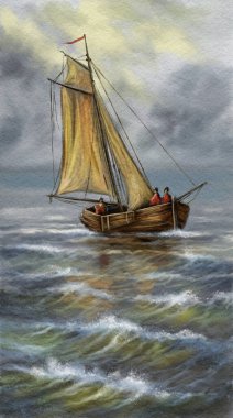 Suluboya resimler manzara, denizdeki eski yelkenli gemi, güzel sanatlar.