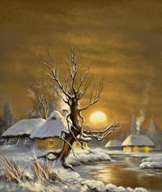 Resimler kış manzarası, güzel sanatlar, kardaki ağaç, akşam, eski bir evin pencerelerinde sıcak ışık, nehir kenarındaki eski bir köy.